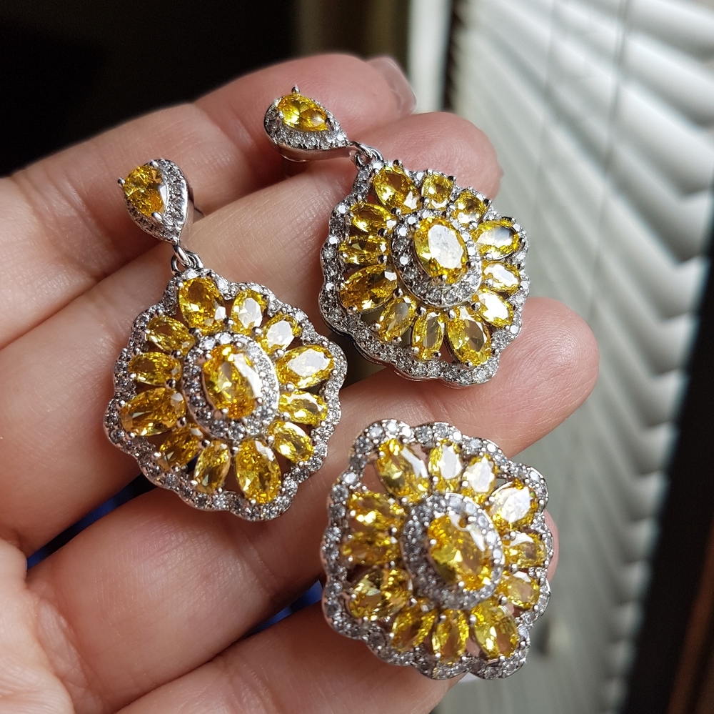 Swarovski Elements Citrine Yellow 925 Sterling Silver Earrings & Ring SET NEW - Picture 7 of 16